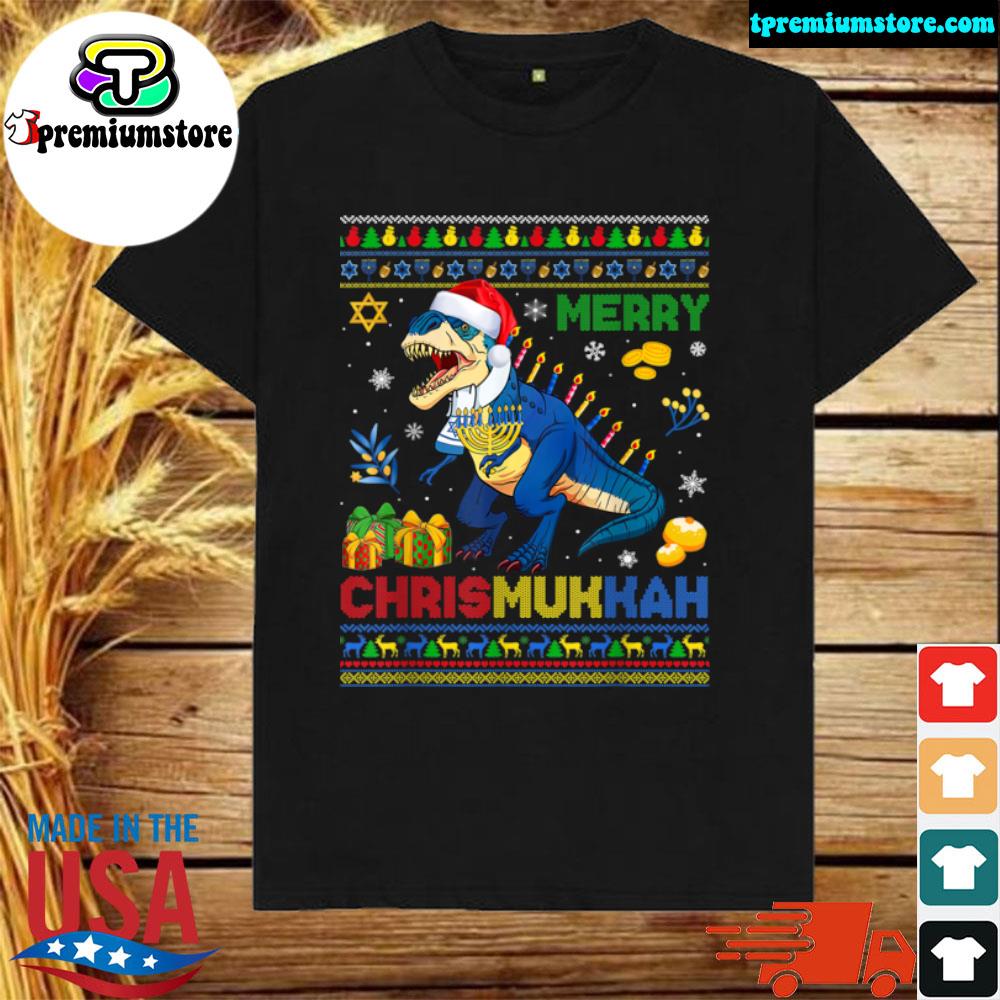 Official merry Christmas And Hanukkah Dinosaur T Rex Menorah Boy Kids T Shirt