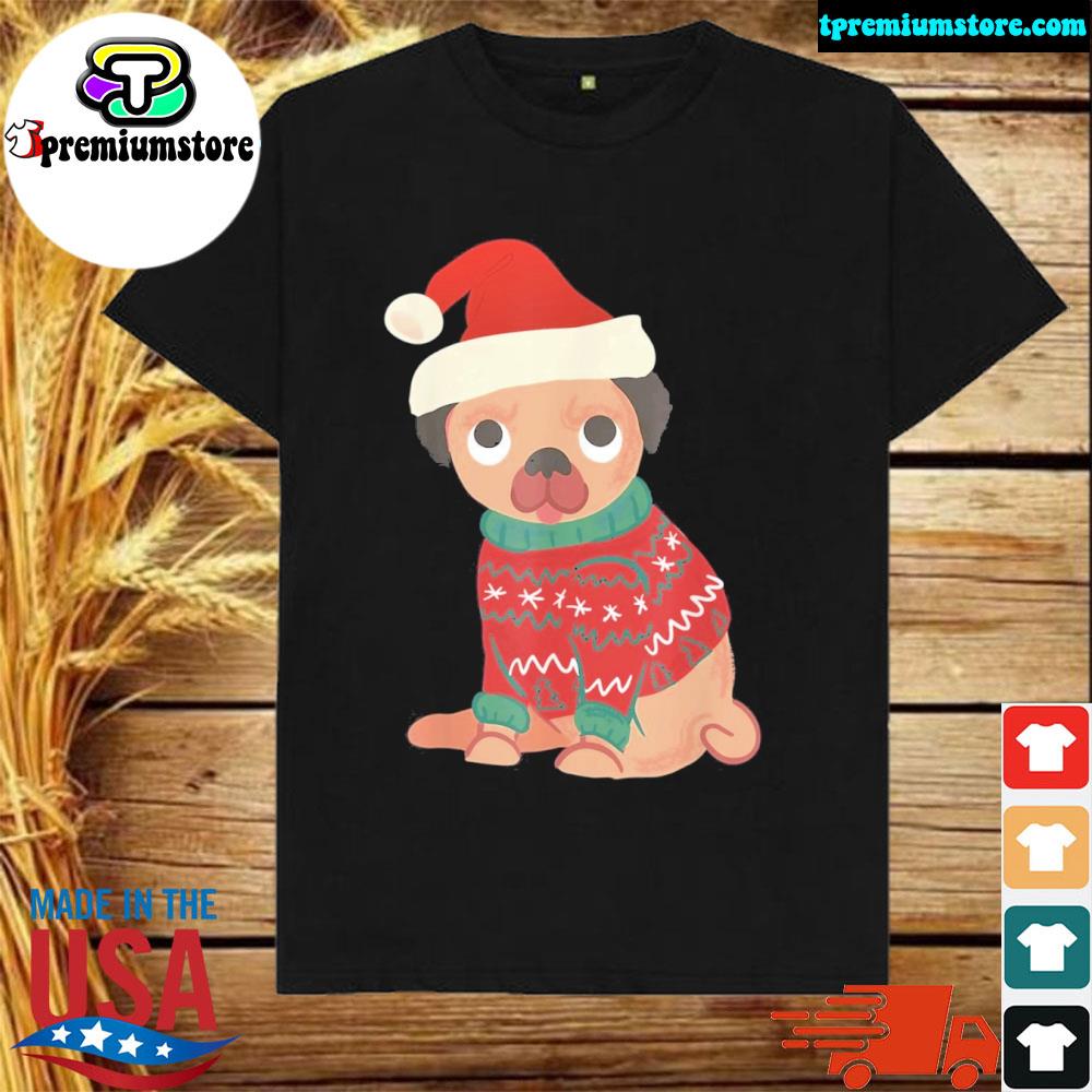 Official pug dog wearing Christmas cute ugly sweater and Santa Hat Shirt
