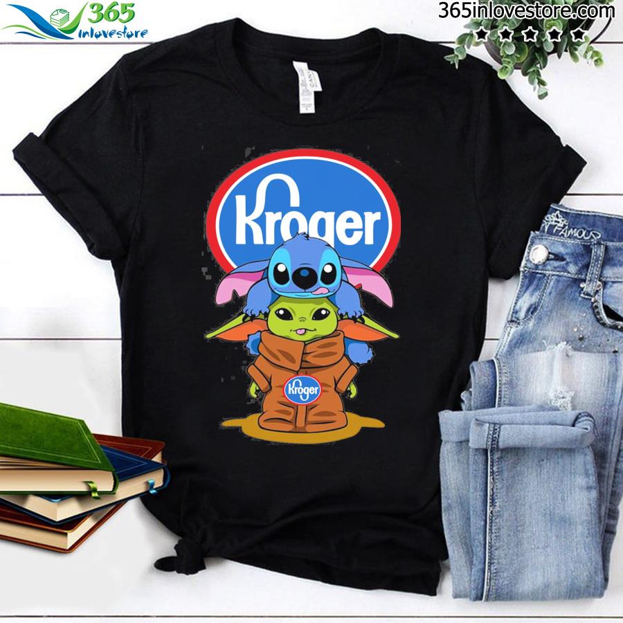 Baby Yoda and baby stitch kroger logo shirt