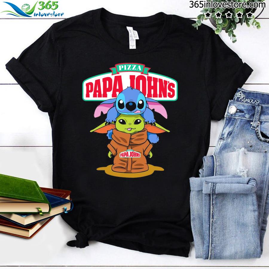 Baby Yoda and baby stitch pizza papa johns logo shirt